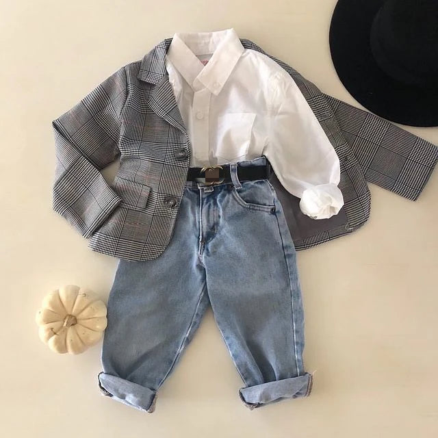 1-6Y Autumn Fashion Kids Girls 2pcs Clothes Sets Solid Long Sleeve Single Breasted Shirts Tops Denim Trousers