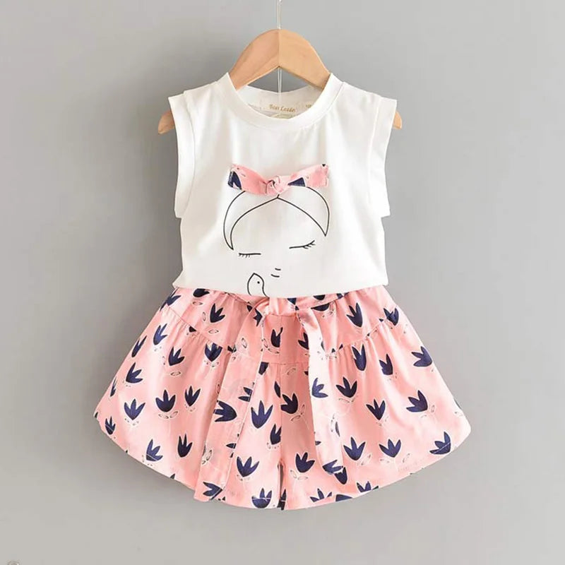 Children's Chiffon Flowers Blue T-shirt Pants Girls Clothing Sets Kids Summer Set for 3-7 Years