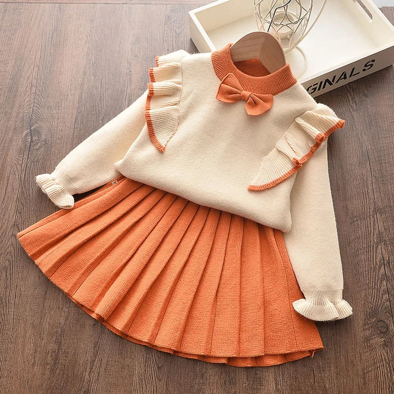 Girls' Knitted Embroidery Sweater & Skirt Set – Autumn Winter 2-Piece Outfit