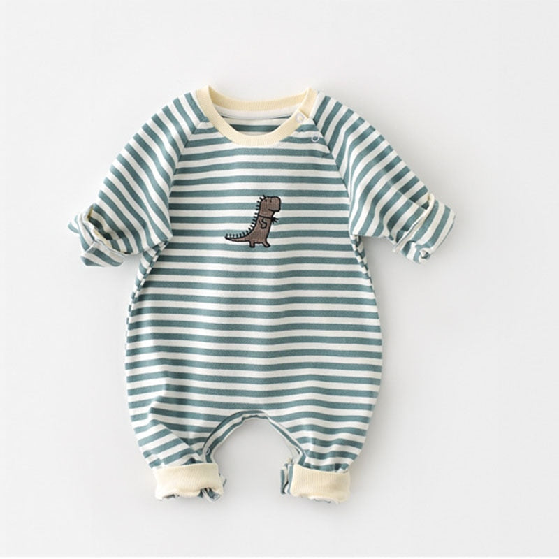 Baby's Striped Cotton Rompers Dinosaur Embroidery Babygrow