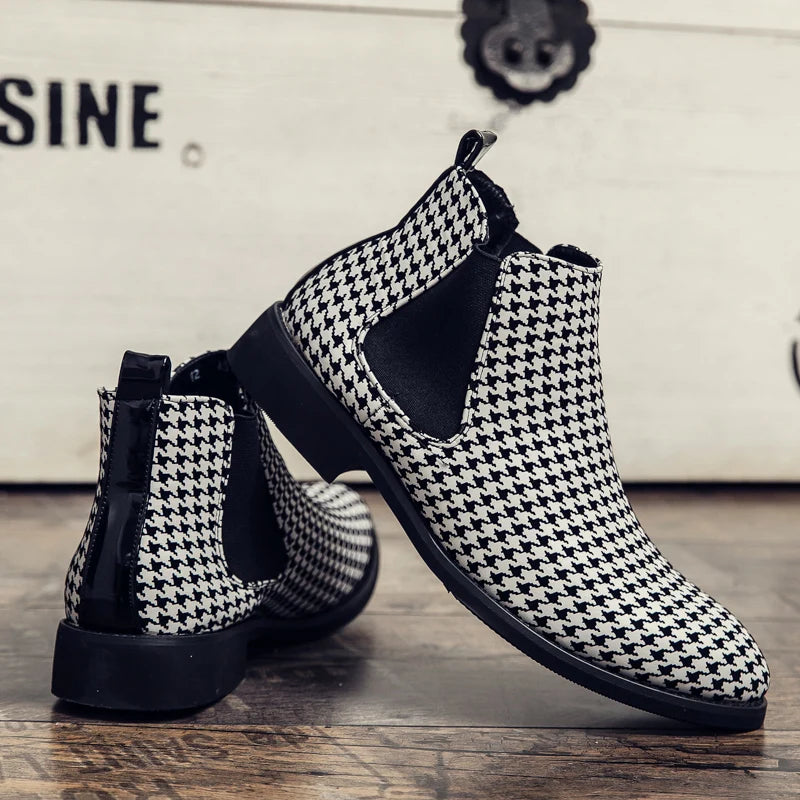 Men's Houndstooth Ankle Boots - Leather Buckle Dress Shoes