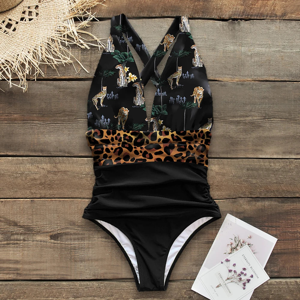 Women's One-piece Swimsuit  Deep V neck Back Cutout Ruffle Summer Swimwear