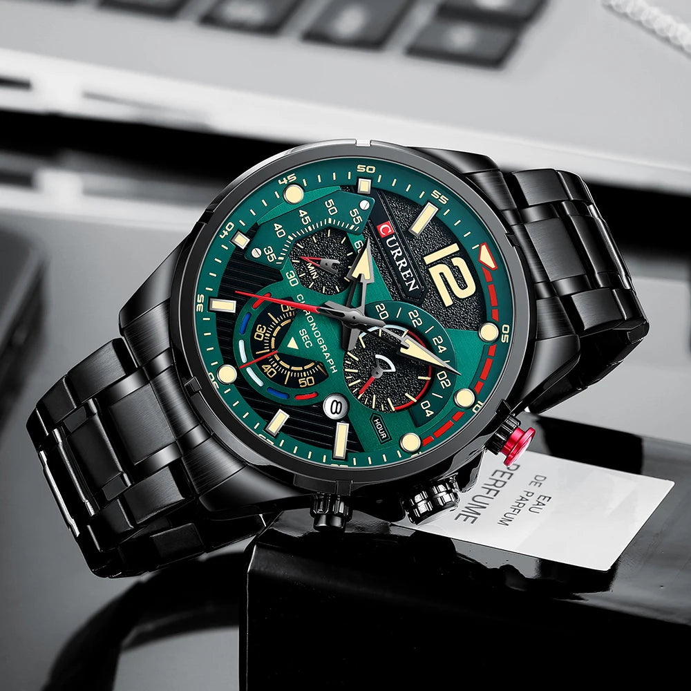 Premium Green Stainless Steel Quartz Watch - Waterproof Sport Chronograph