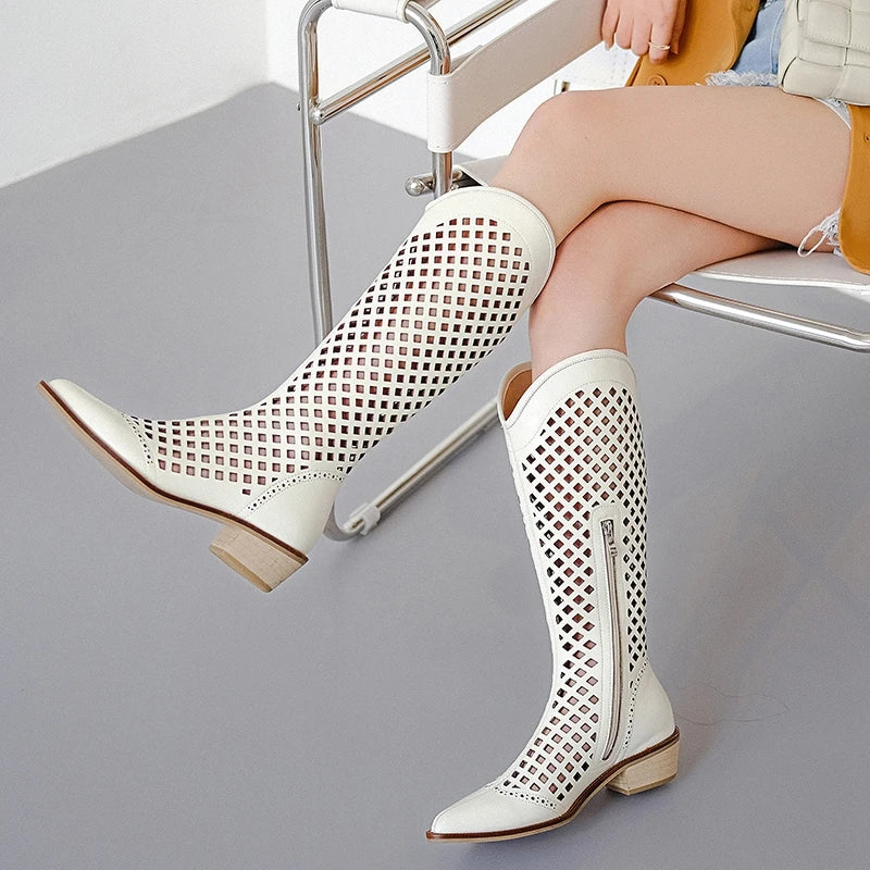 Women's Chic Hollow Pointed Toe Natural Genuine Leather Knee High Boots