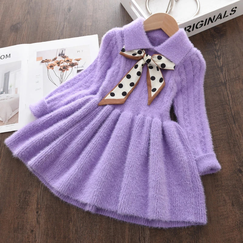Children's Girl's  Thick Collar Sweater Spotted Bow Collar Pleated Knit Dress