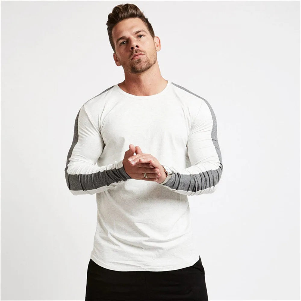 Long Sleeve Sport  Gym Shirt - Men Rushgard Running Cotton Stripe Fitness T Shirt