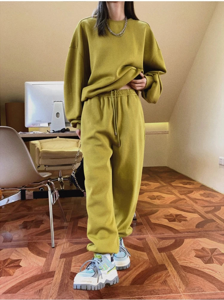 Women's Cotton Oversized Round Neck Loose Sweatshirt and Long Joggers and Short Sets