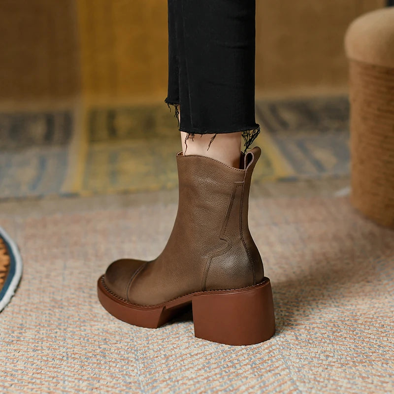 Women's Genuine Leather Platform Chunky Ankle Boots