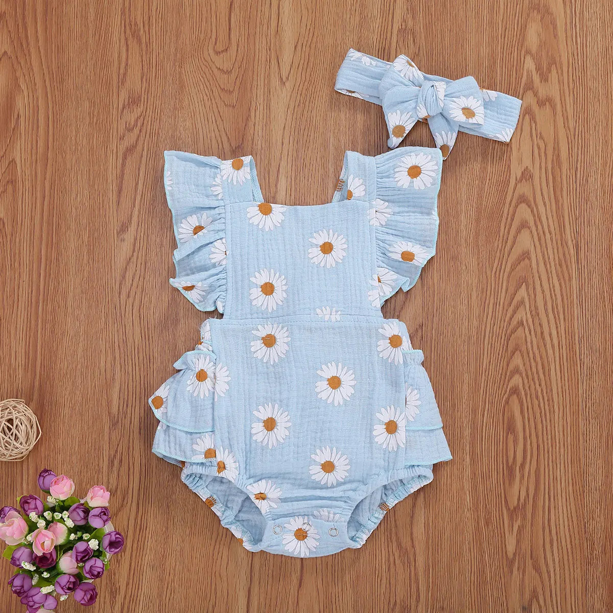 Newborn Baby Bodysuit with Headband - Floral Print Short Sleeve Backless Jumpsuit