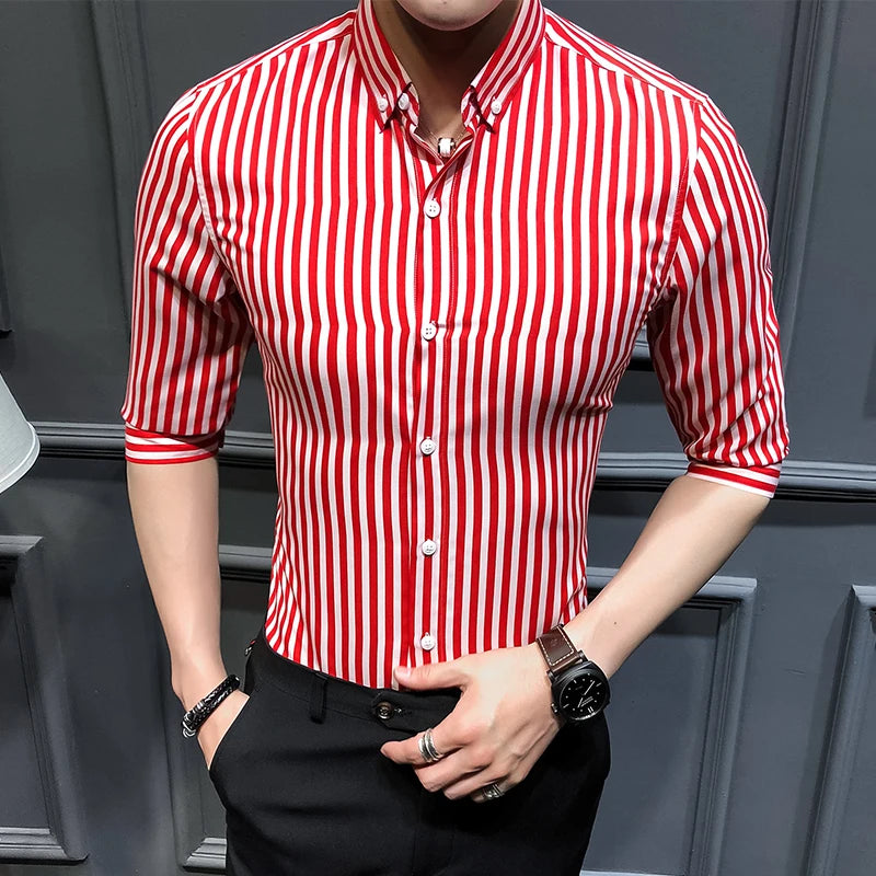 Men's Spring Summer Three Quarter Casual Striped Slim Fit Square Collar Shirt
