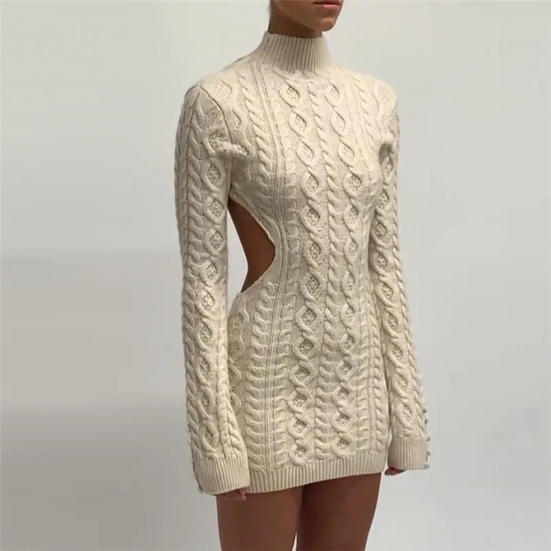 Women's Twist Knitted Long Sleeve Backless Mini Dress