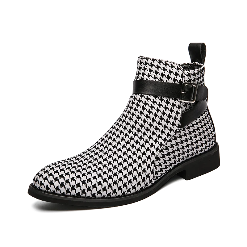 Men's Houndstooth Ankle Boots - Leather Buckle Dress Shoes