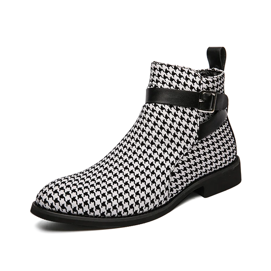 Men's Houndstooth Ankle Boots - Leather Buckle Dress Shoes