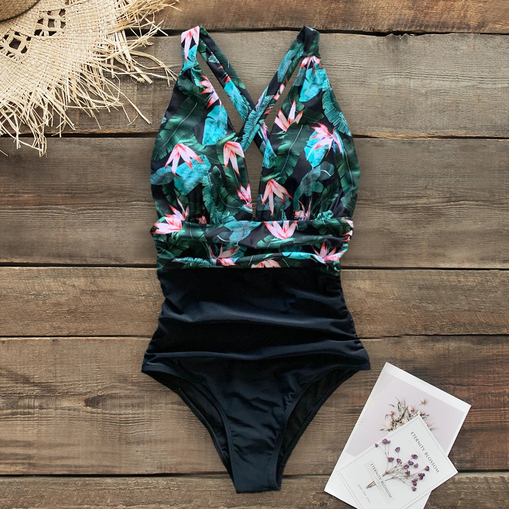 Women's One-piece Swimsuit  Deep V neck Back Cutout Ruffle Summer Swimwear