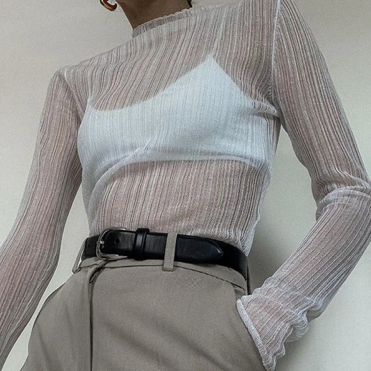 Women's Elegant See Through Long Sleeve Mock Neck Top