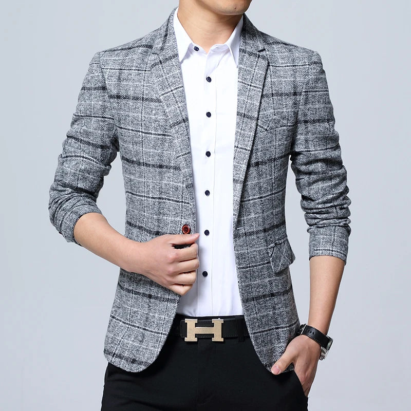 Men Blazers Slim Fit Plaid Blazer Jacket