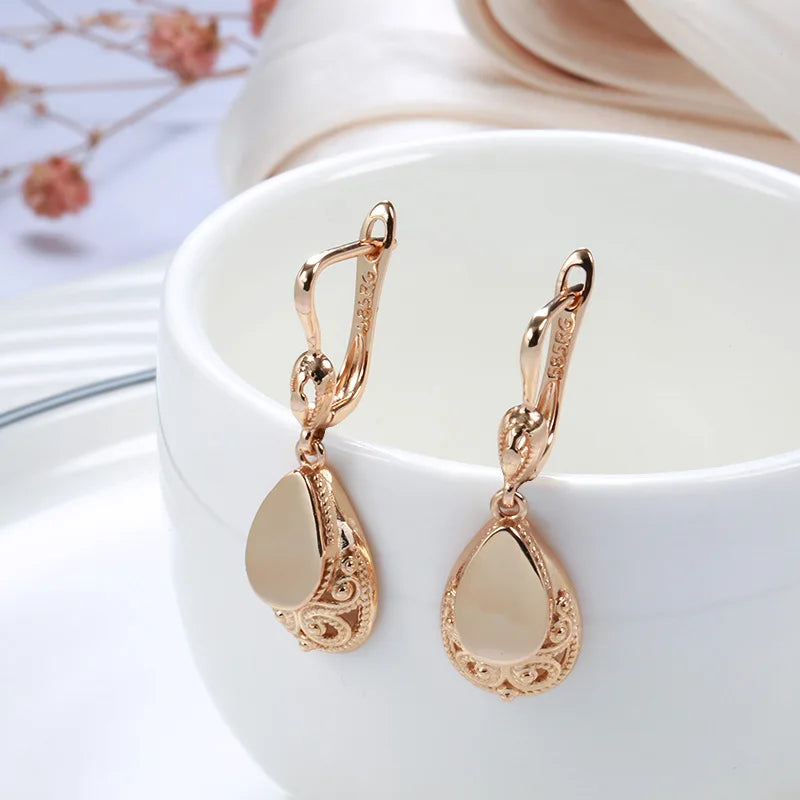 Glossy Water Retro Drop Earrings for Women 585 Rose Gold Colour