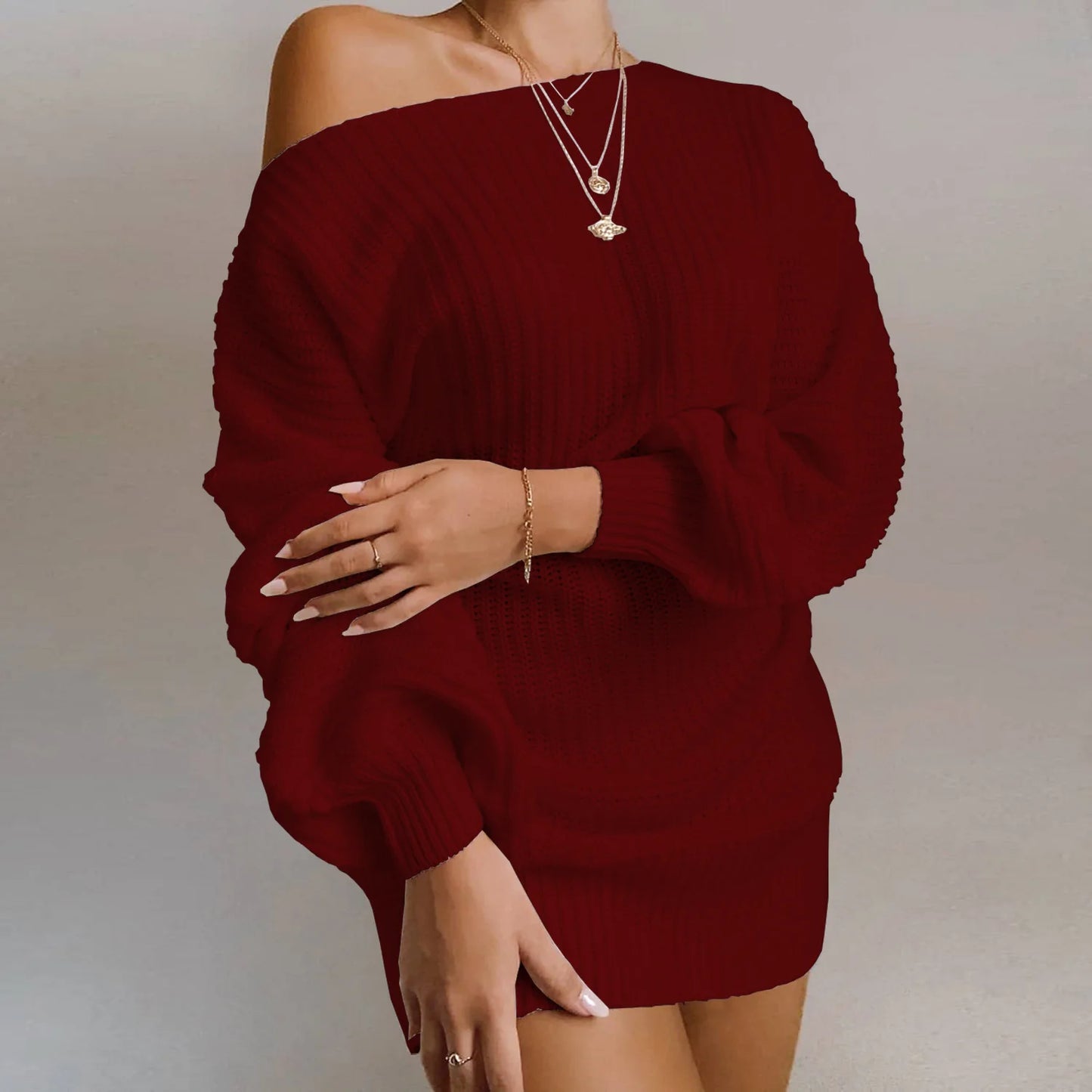 Women's Knitted Mini Sweater Dress - Long Sleeve Knitwear Dress