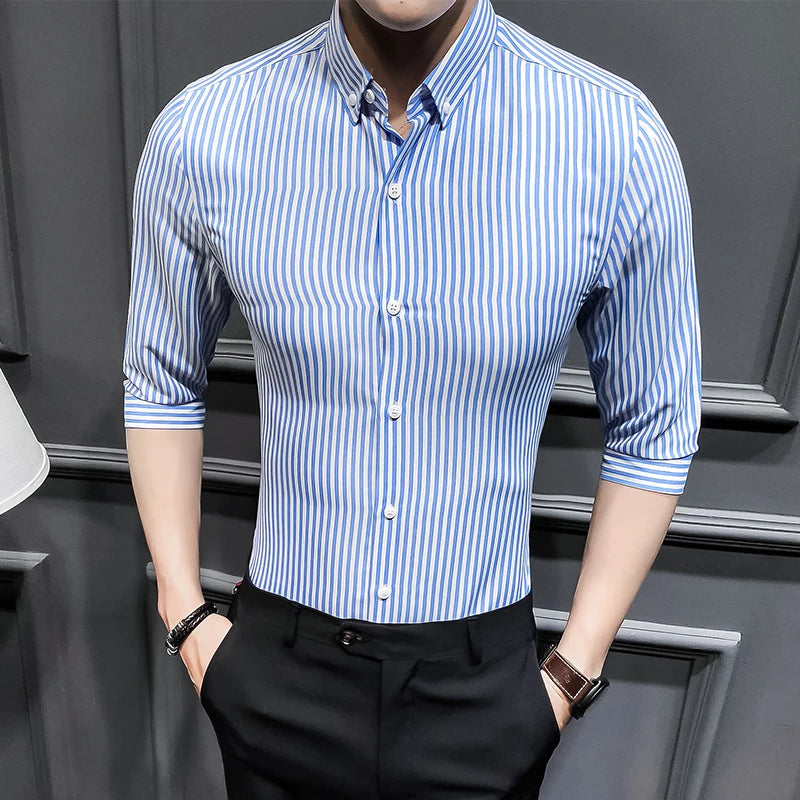 Men's Spring Summer Three Quarter Casual Striped Slim Fit Square Collar Shirt