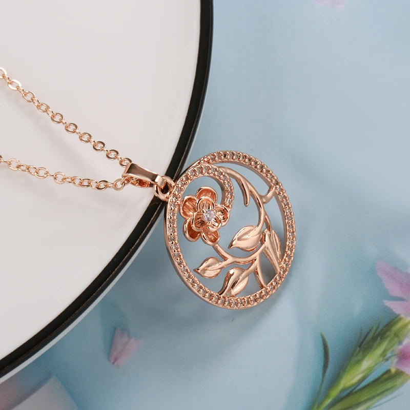 Women  585 Rose Gold Hollow Flowers Necklace