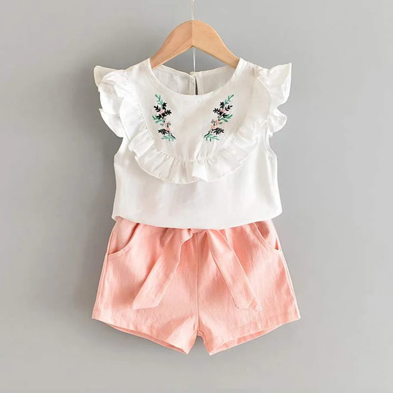 Children's Chiffon Flowers Blue T-shirt Pants Girls Clothing Sets Kids Summer Set for 3-7 Years