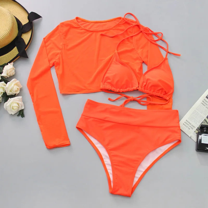 Neon Crop Top Mesh Long Sleeve Cover Ups Top Three Piece Swimsuit Bikini Set