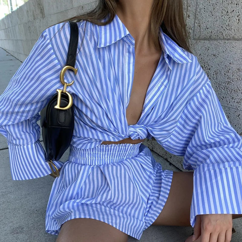 Women's Striped Blouse Shirts and Shorts Matching Set Loose Shirt Sleeve Top Outfits Summer Set