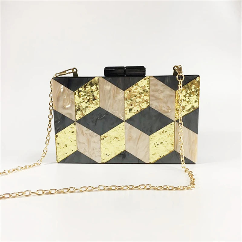 Stylish Black & Gold Glitter Rhombus Acrylic Evening Clutch - Luxury Party Chain Shoulder Bag