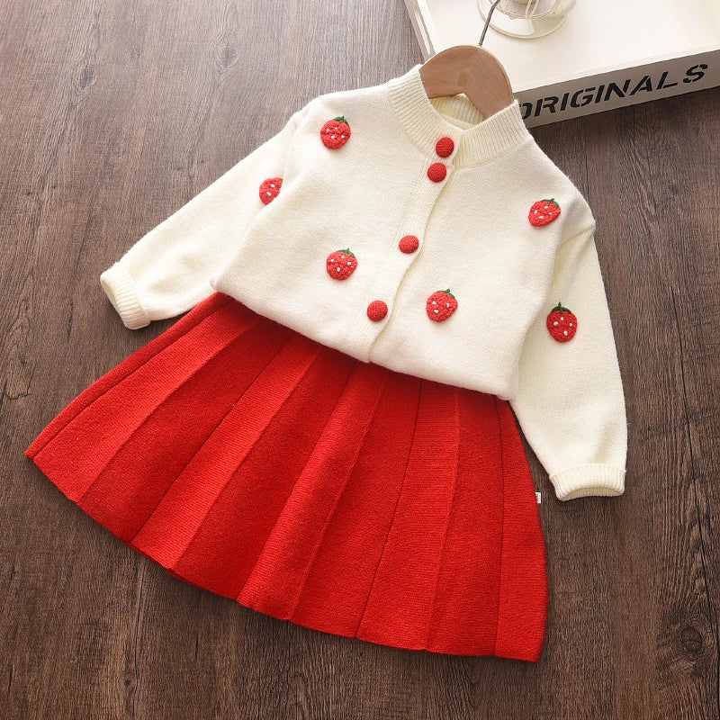 Girls' Knitted Embroidery Sweater & Skirt Set – Autumn Winter 2-Piece Outfit