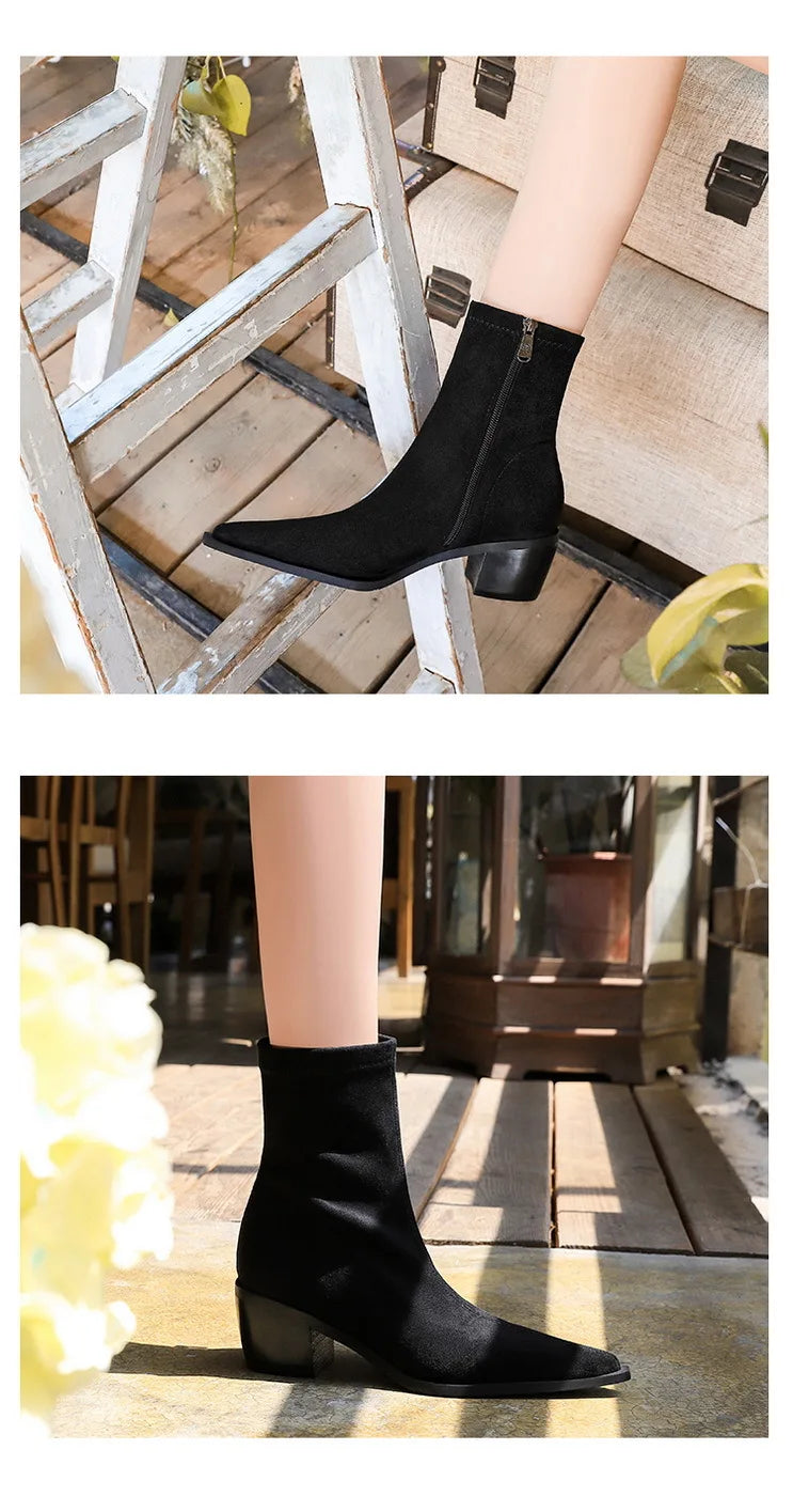 Suede Ankle Boots - Pointed Toe Thick Heel Autumn Boots for Women