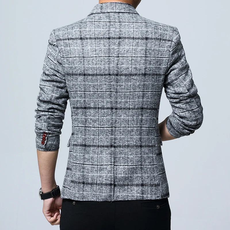 Men Blazers Slim Fit Plaid Blazer Jacket