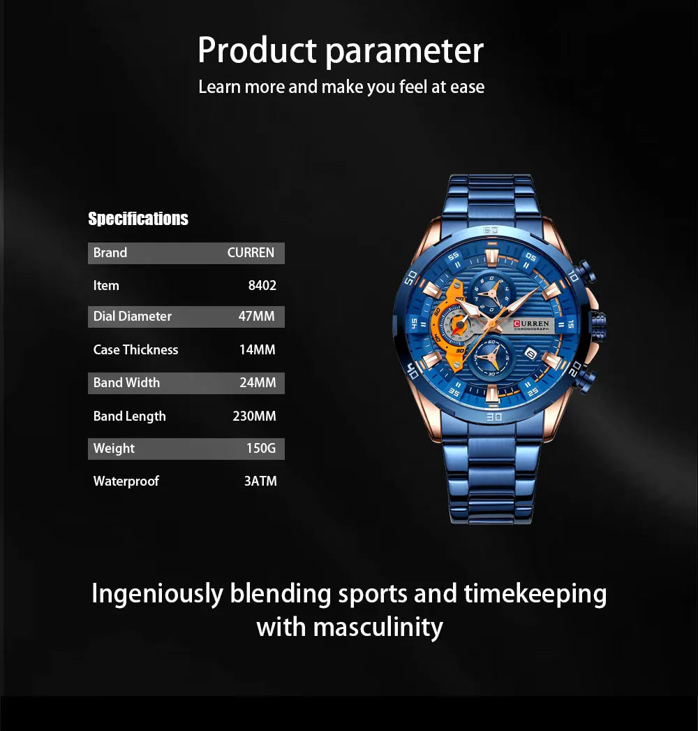 Men's Sports Watch - Full Steel Waterproof Chronograph Quartz
