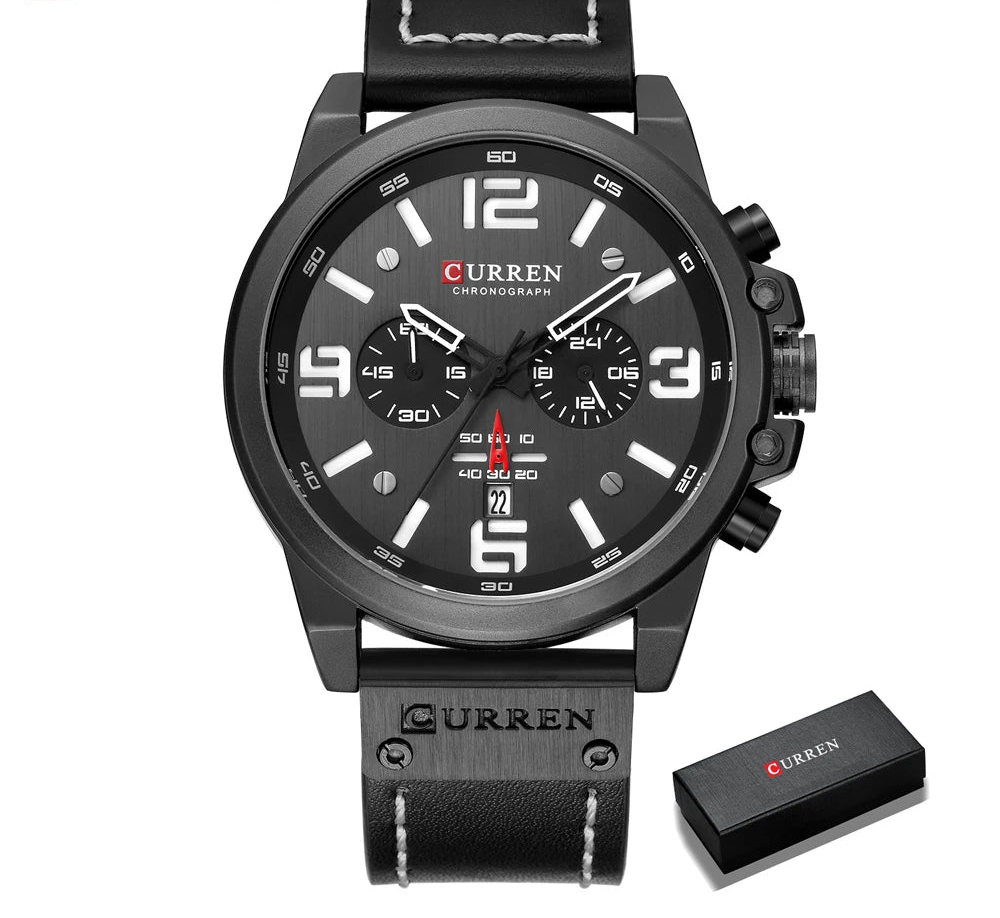 Men's Military Sports Watch - Chronograph Waterproof with Genuine Leather Strap
