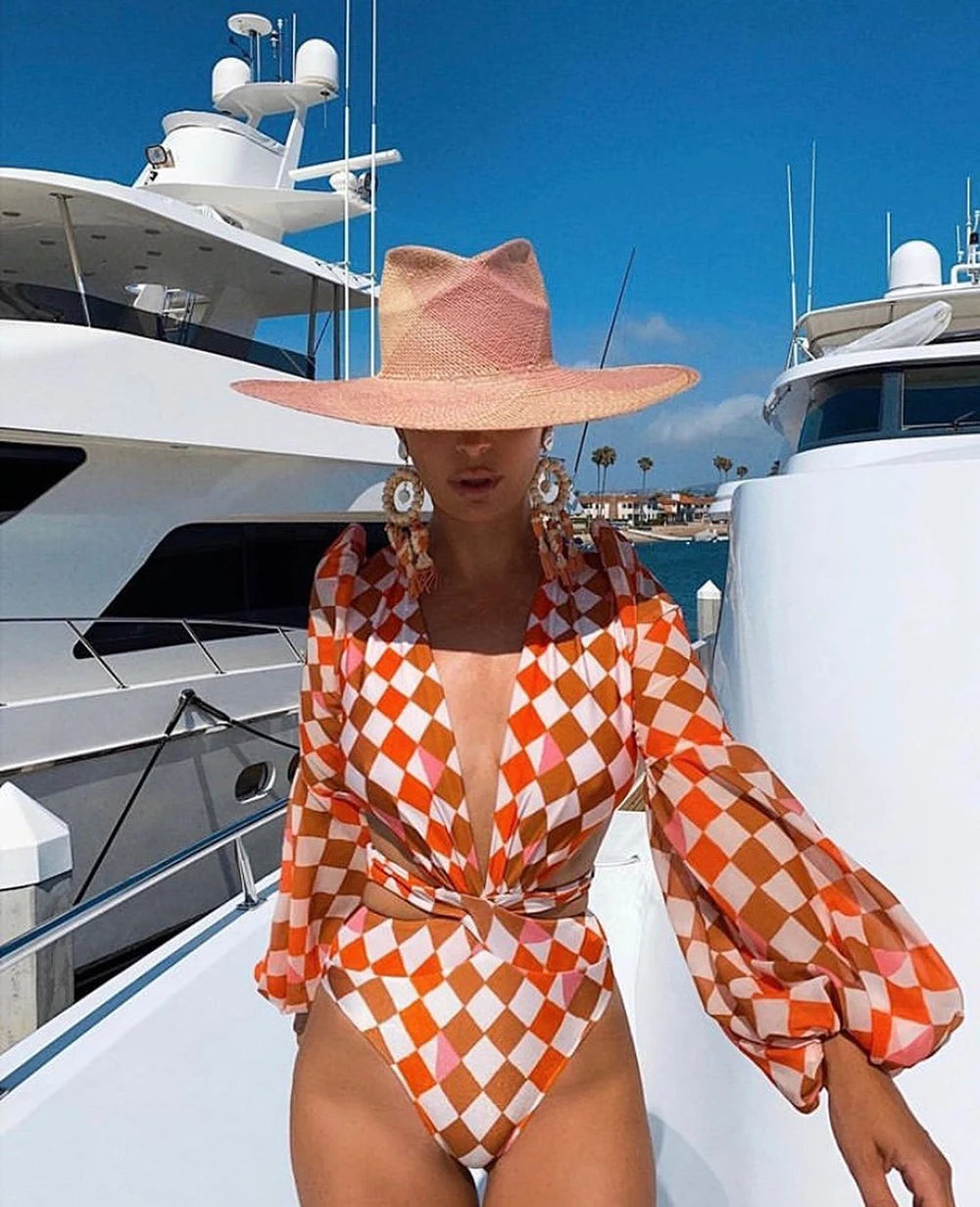 Women's Summer Vintage One Piece Swimsuit Long Sleeve Swimwear