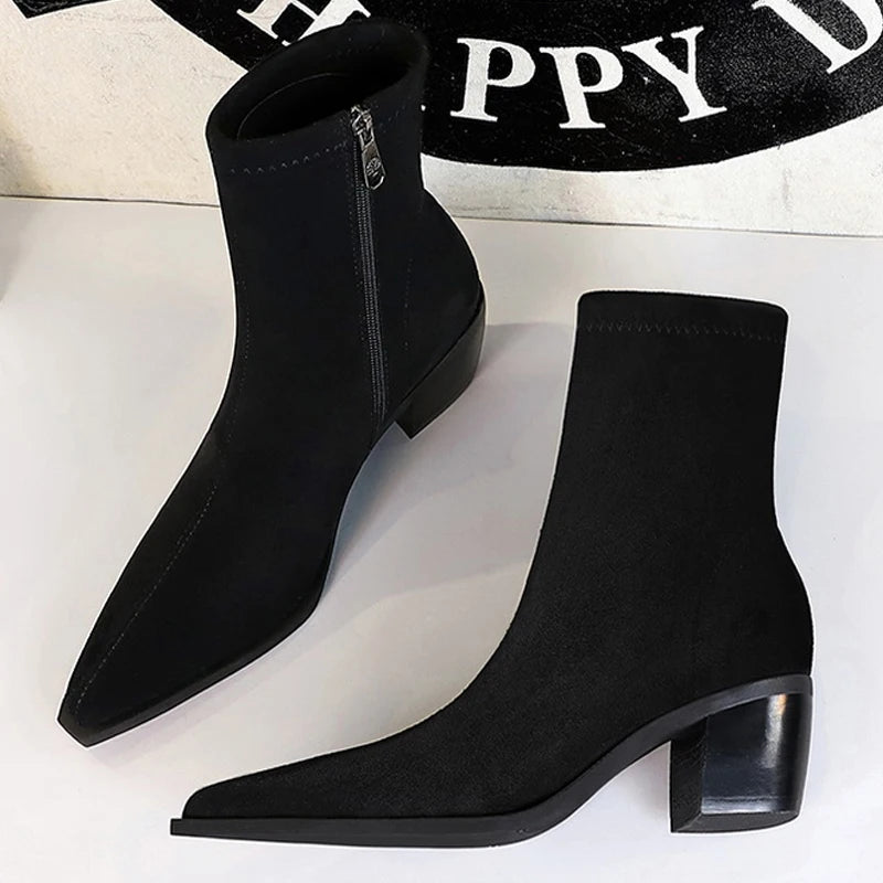 Suede Ankle Boots - Pointed Toe Thick Heel Autumn Boots for Women
