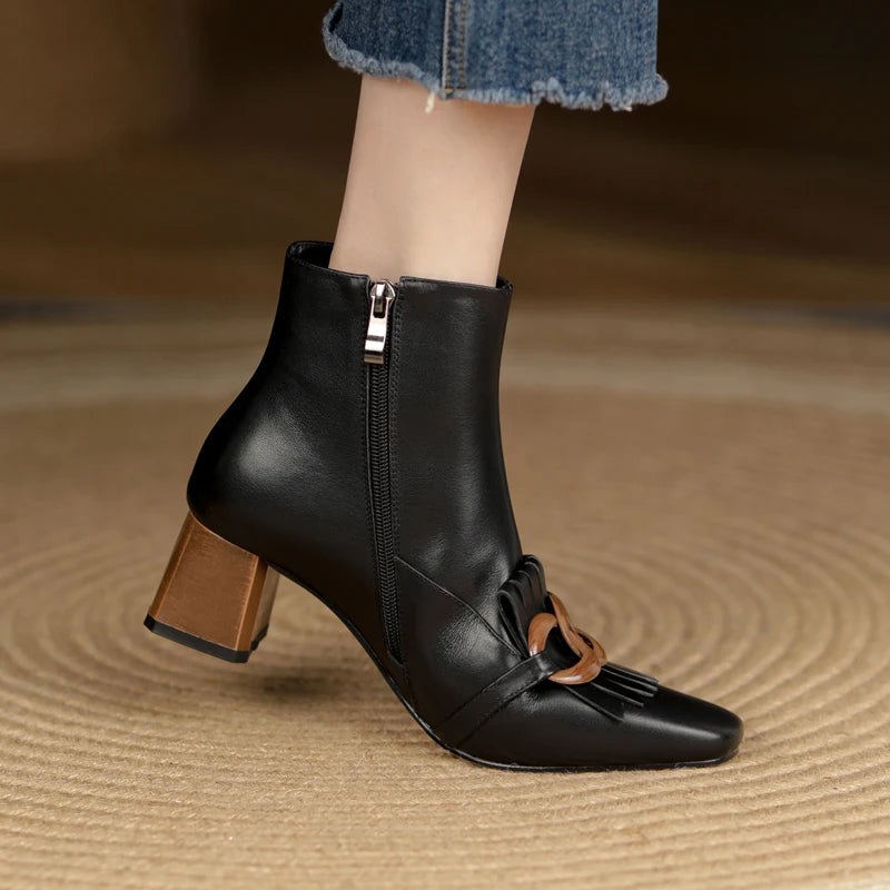 Women Shoes Fringe Women Boots Winter Ankle Boots Zapatos De Mujer Womens Boots Square Toe Genuine Leather Black Boots