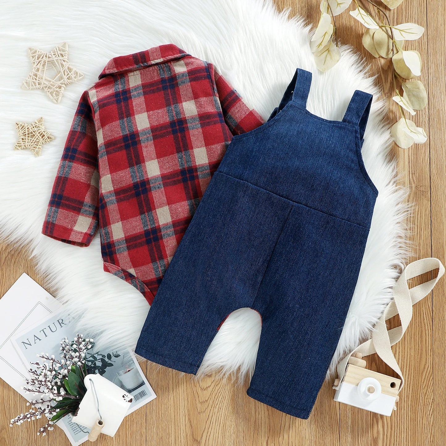 Baby Boys Gentleman Clothes Set 2pcs - Plaid Printed Shirts Romper Babygrow Cartoon Bear Overalls Pants