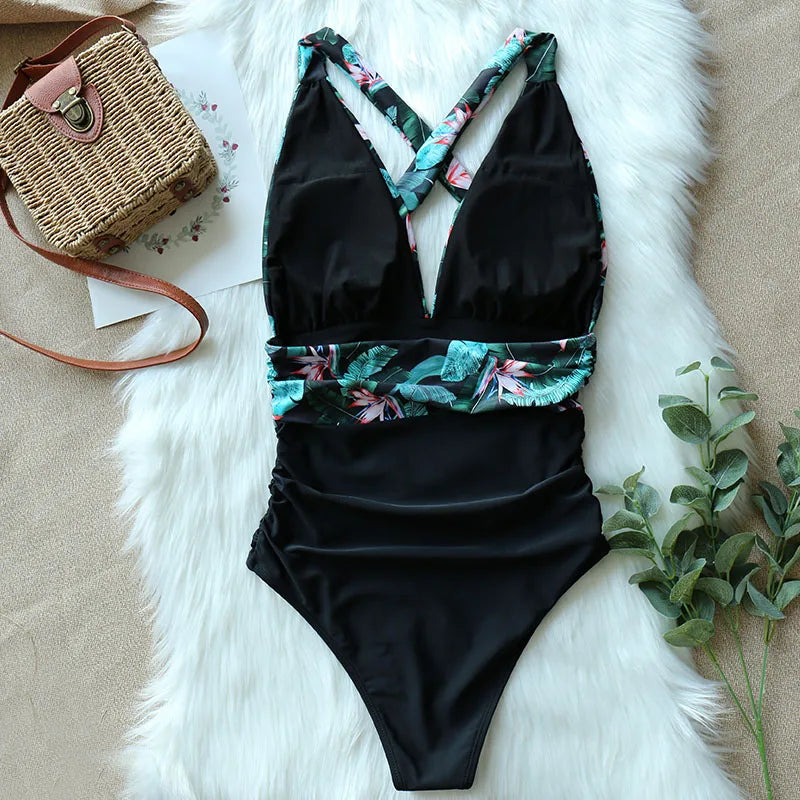 Women's One-piece Swimsuit  Deep V neck Back Cutout Ruffle Summer Swimwear