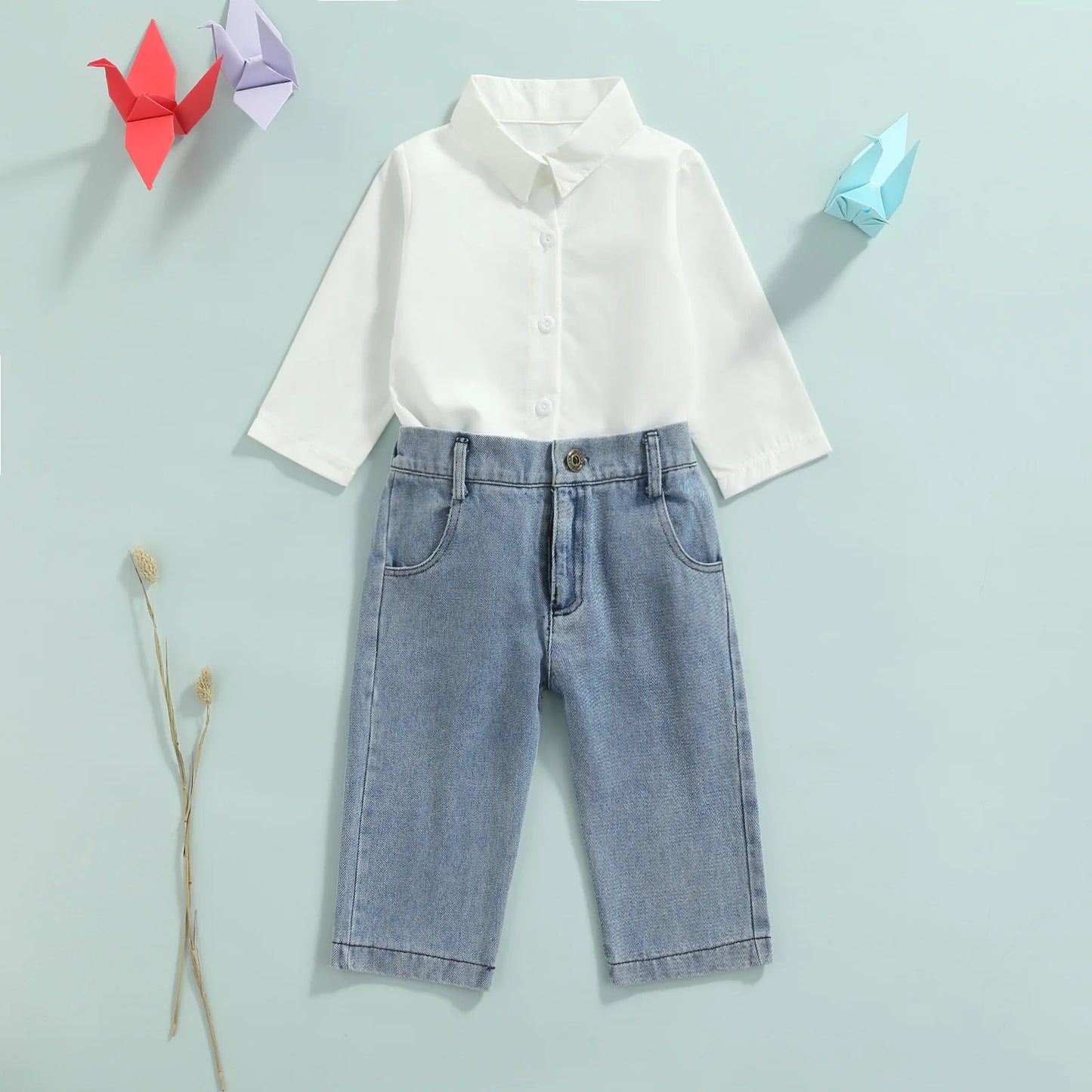 1-6Y Autumn Fashion Kids Girls 2pcs Clothes Sets Solid Long Sleeve Single Breasted Shirts Tops Denim Trousers