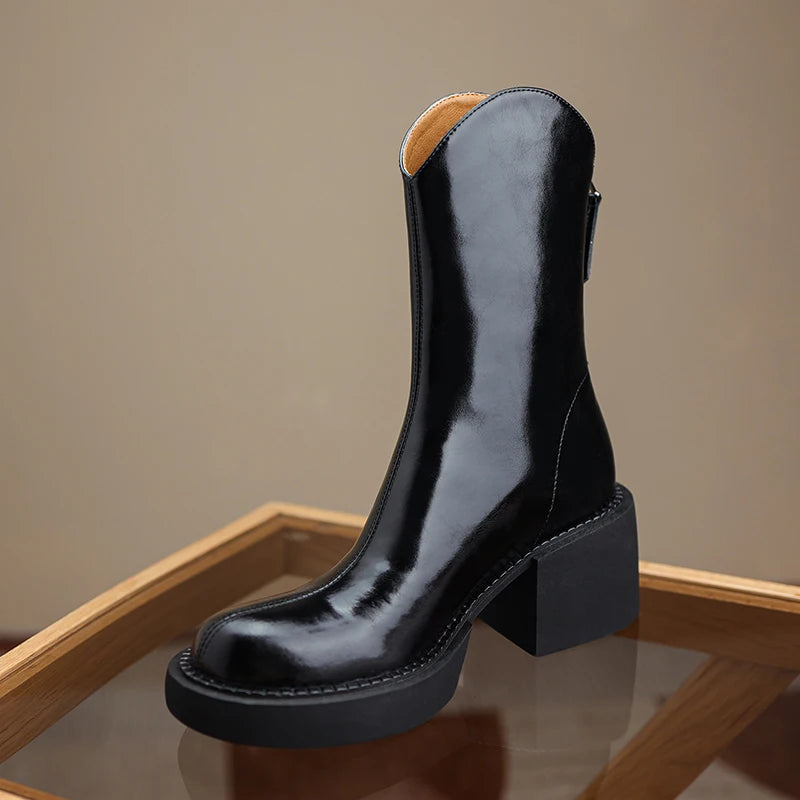 Women's Genuine Leather Chunky Heels Ankle Boots