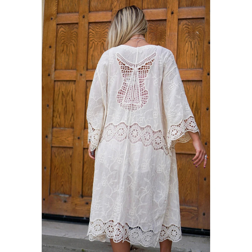 Women's Self Belted Long  Lace Kimono Dress Bikinis Cover ups Beach Wear SwimSuit Cover Up robe