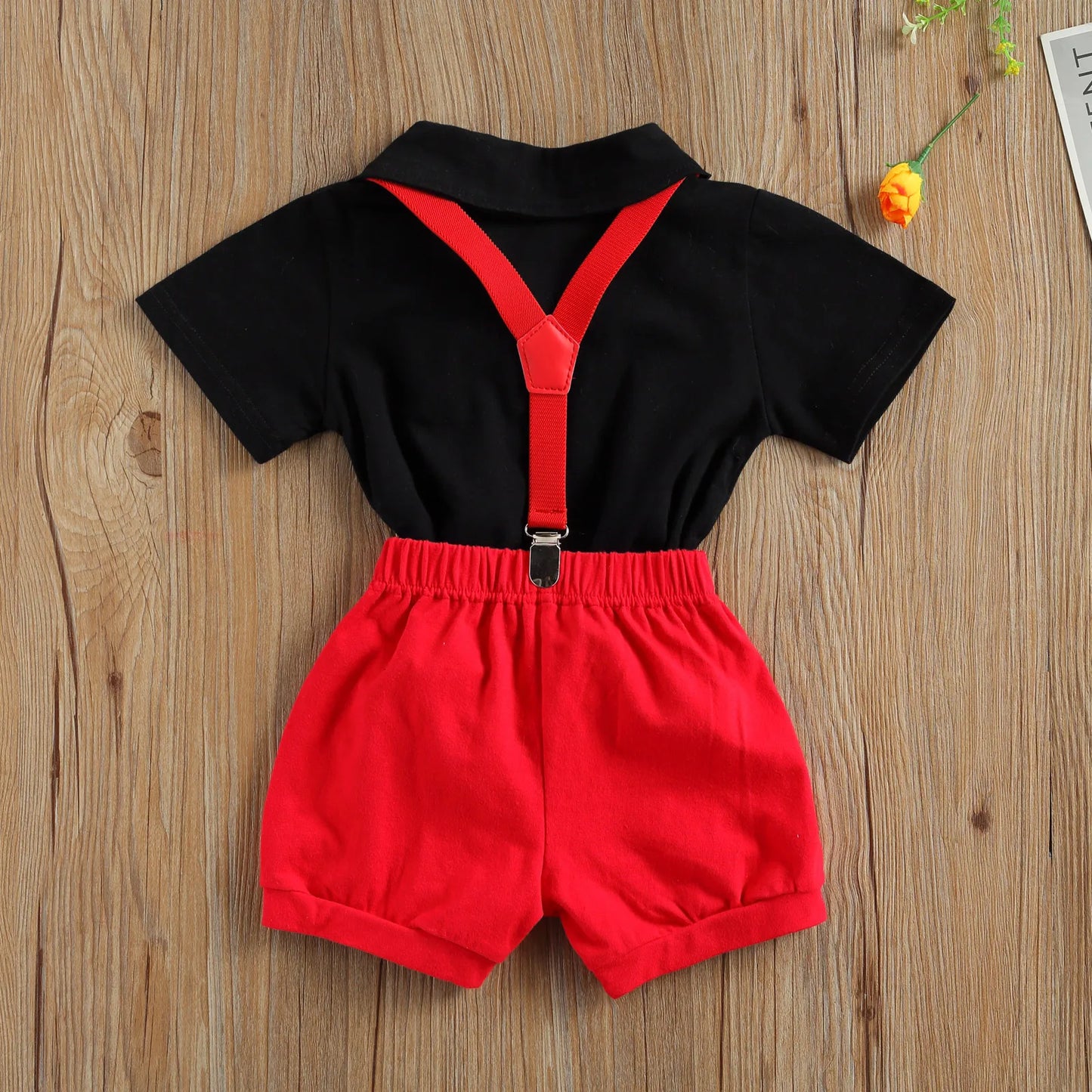 Newborn Baby Boys Gentleman Set - Short Sleeve Bow Tie , Romper Babygrow with Suspenders Shorts