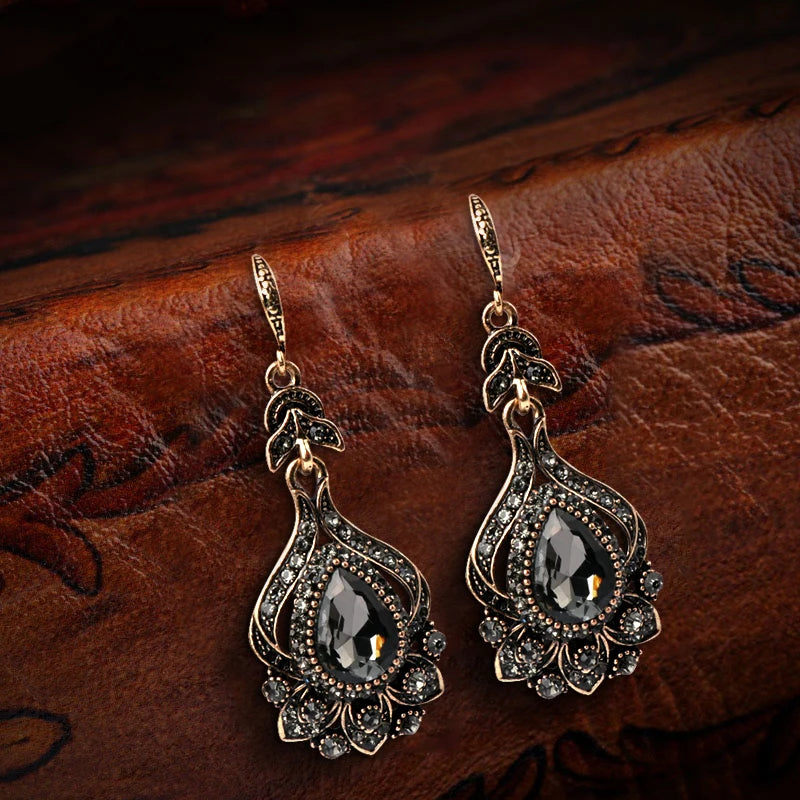 Women's Grey Crystal Antique Gold Colour Drop Earrings