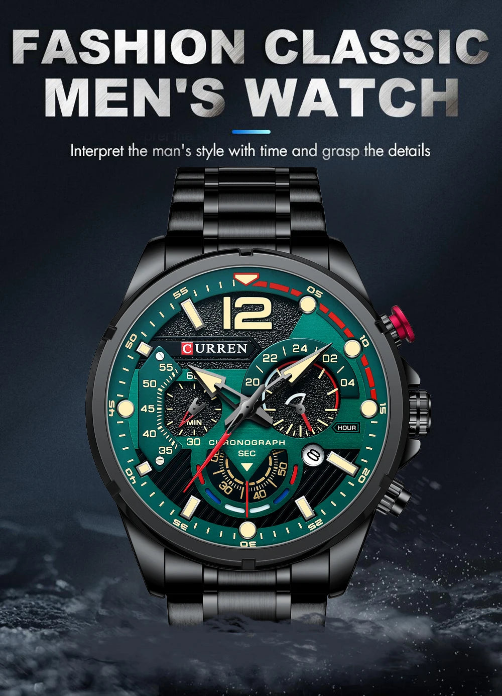 Premium Green Stainless Steel Quartz Watch - Waterproof Sport Chronograph