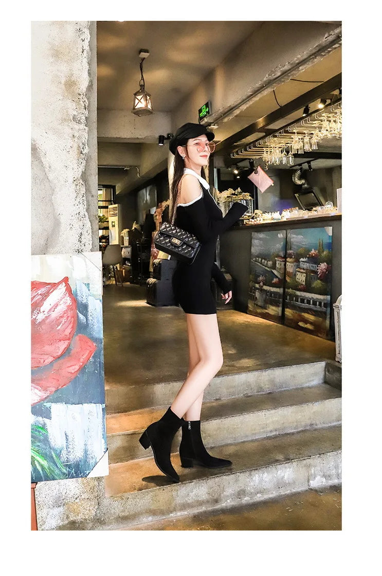 Suede Ankle Boots - Pointed Toe Thick Heel Autumn Boots for Women