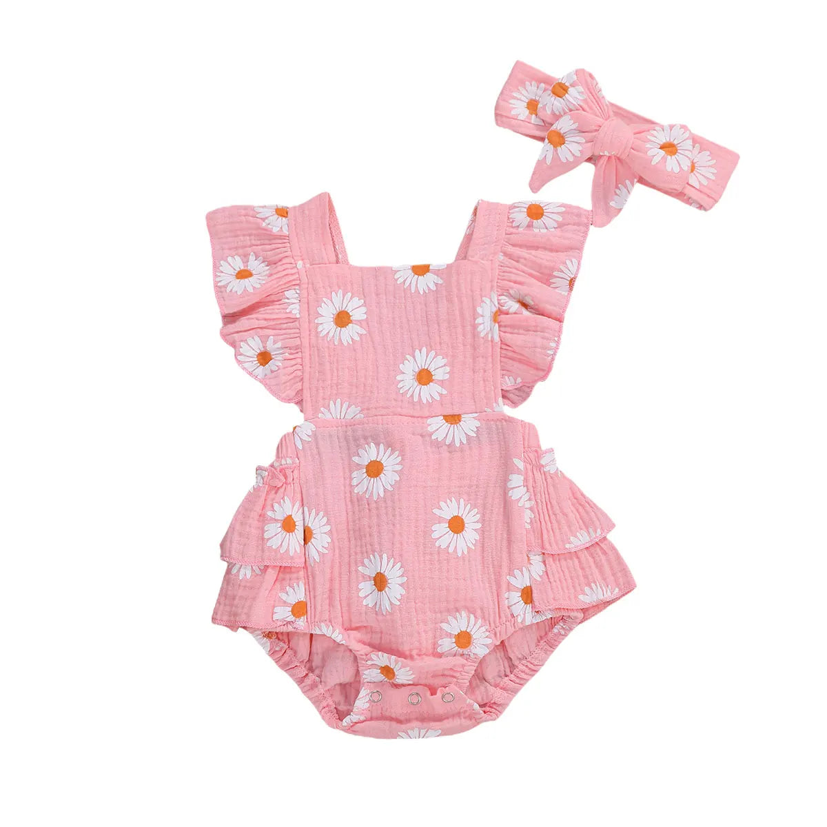 Newborn Baby Bodysuit with Headband - Floral Print Short Sleeve Backless Jumpsuit