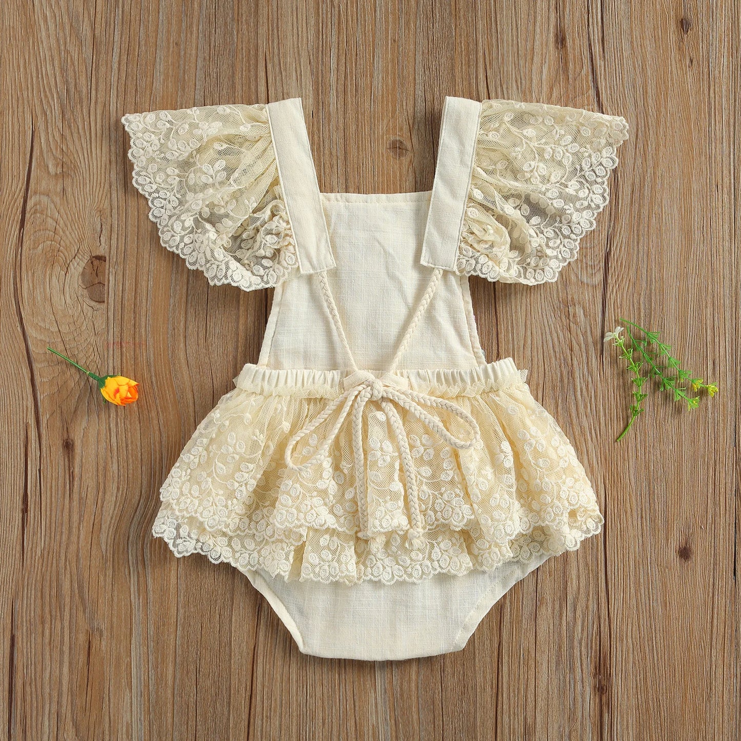 0-24M Princess Baby Girls Bodysuits Lace Flowers Print Ruffles Short Sleeve Jumpsuits