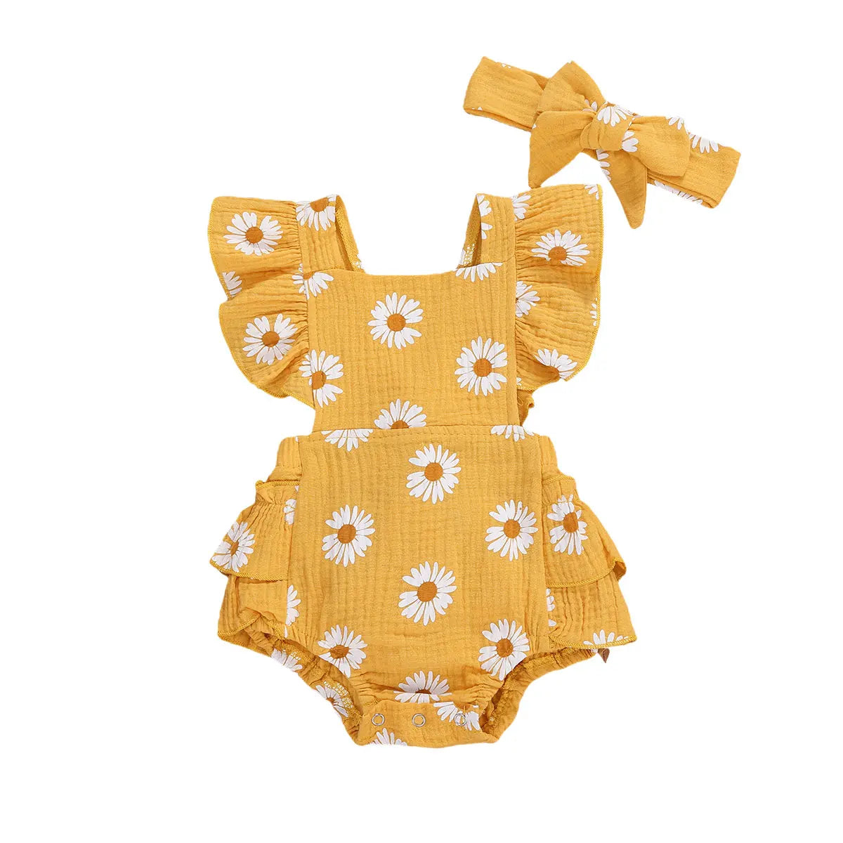Newborn Baby Bodysuit with Headband - Floral Print Short Sleeve Backless Jumpsuit