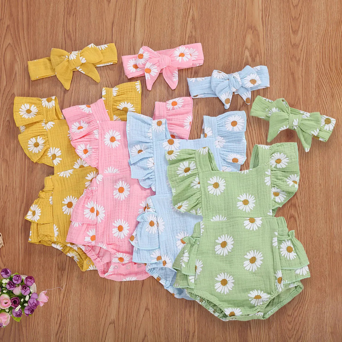 Newborn Baby Bodysuit with Headband - Floral Print Short Sleeve Backless Jumpsuit
