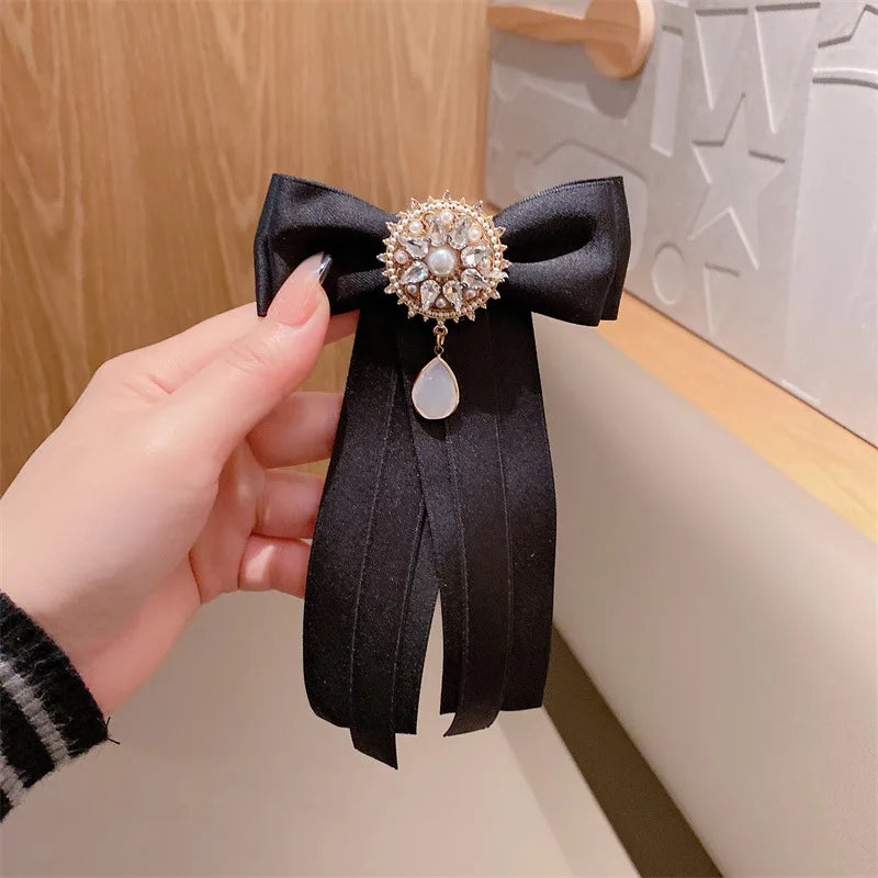 Ribbon Fabric Bow Tie Brooch - Crystal College Style Collar Pin